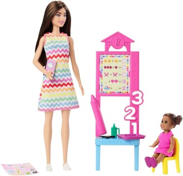 ​Barbie Teacher Doll with Brunette Fashion with Printed Dress, 1 Toddler, &amp; Teaching Accessories