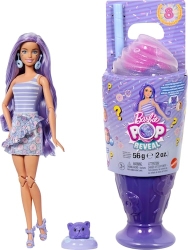 Barbie Pop Reveal Series Fashion Doll &amp; Accessories Set, Treat Series, Donut Dreams Theme with Pet, 8 Surprises Include Color Change, Jfy60