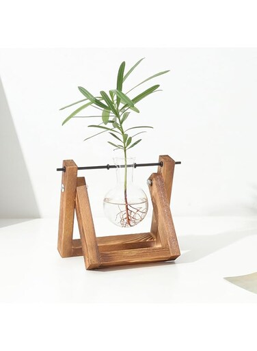 Plant Propagation Vase Station, Desktop Glass Bud Vase with Wooden Stand, Clear Flower Vase with Narrow Mouth, Mini Glass Vase for Planter Hydroponics Indoor (Ball Shaped, 1 Vase)