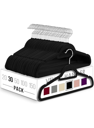 Utopia Home Premium Velvet Hangers 30 Pack - Non-Slip Clothes Hangers with Tie Bar - Black Hangers - Standard Hangers with 360 Degree Rotatable Hook - Heavy Duty Coat Hangers
