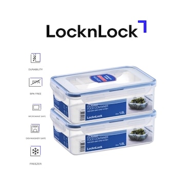 LocknLock Classic Airtight Rectangular Containers 1L &ndash; Pack of 2 &ndash; BPA-Free, Microwave, Freezer &amp; Dishwasher Safe