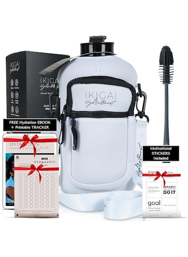 Large Water Bottle 2.2L for Men &amp; Women - Half Gallon Big Water Bottle with Cleaning Brush - Gym Keg BPA Free Insulated Sleeve with Strap Handle - 2.2Litre Jug - Water Bottle for Sports (White)