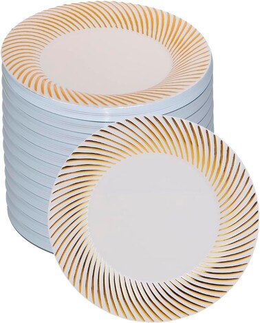 9" Disposable Plastic Plates, White &amp; Gold Color, 35g Weight, Pack of 120 Plates