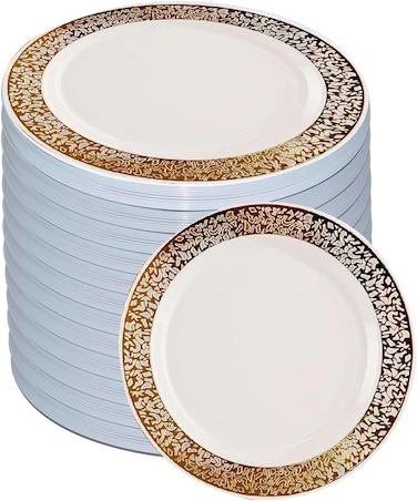 7'' White &amp; Gold Disposable Plastic Plates &ndash; 24g, Sturdy &amp; Elegant &ndash; Pack of 120 plates