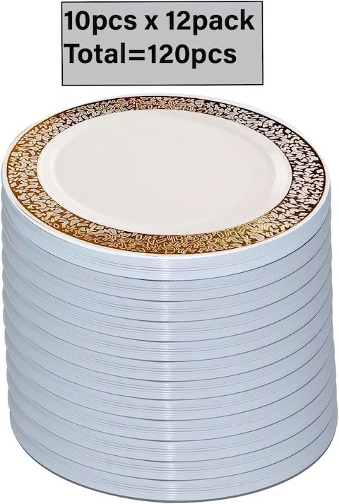 10&quot; Disposable Plastic Plates, White &amp; Gold Color, 46g Weight, Pack of 120 Plates