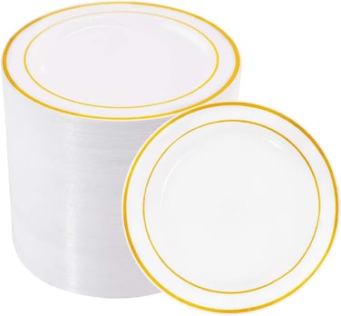 10" Disposable Plastic Plates, White &amp; Gold Color, 46g Weight, Pack of 120 Plates