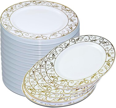 7.5'' White &amp; Gold Disposable Plastic Plates &ndash; 24g, Sturdy &amp; Elegant &ndash; Pack of 120 plates