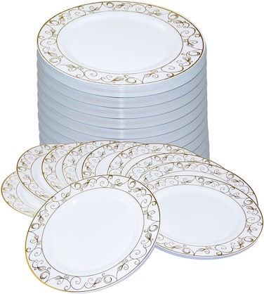 10" Disposable Plastic Plates, White &amp; Gold Color, 46g Weight, Pack of 120 Plates