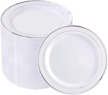7.5'' White &amp; Gold Disposable Plastic Plates &ndash; 24g, Sturdy &amp; Elegant &ndash; Pack of 120 plates