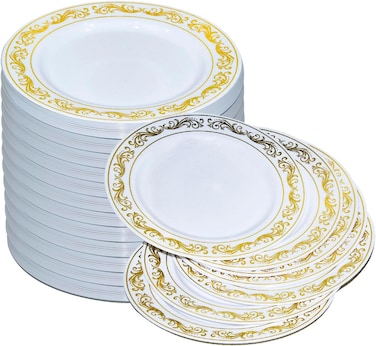 7.5'' White &amp; Gold Disposable Plastic Plates &ndash; 24g, Sturdy &amp; Elegant &ndash; Pack of 120 plates