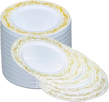 10" Disposable Plastic Plates, White &amp; Gold Color, 46g Weight, Pack of 120 Plates