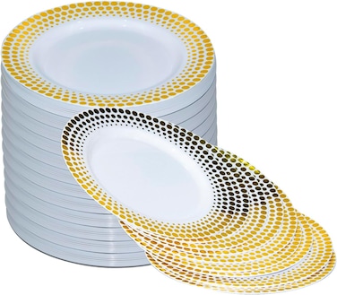 7.5'' White &amp; Gold Disposable Plastic Plates &ndash; 24g, Sturdy &amp; Elegant &ndash; Pack of 120 plates