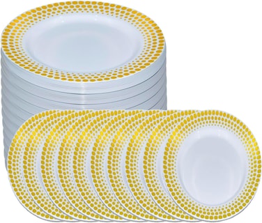 9" Disposable Plastic Plates, White &amp; Gold Color, 35g Weight, Pack of 120 Plates