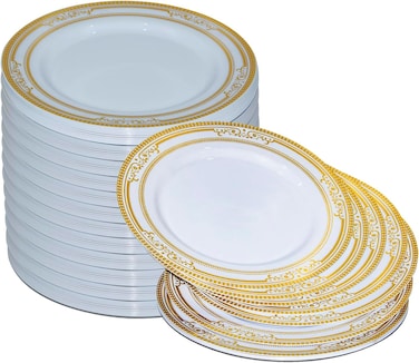 10" Disposable Plastic Plates, White &amp; Gold Color, 46g Weight, Pack of 120 Plates
