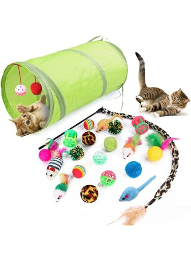 TOMVAES Cat Toys Assortments, PP Kitten Feather Toys, 21 Pack Interactive Cat Toys Set, Cat Teaser Leopard Print Pole Bidirectional Tent Tunnel Ball Fake Mouse Indoor &amp; Ourdoor Set Toys