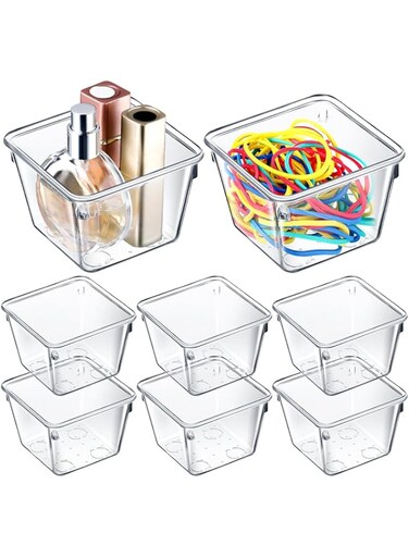 TERRIFI Clear Drawer Organizers, 8 Pcs 3"x3"x2" Stackable Small Makeup Vanity Storage Bins, Desk Drawer Organization Clear Container Dividers for Makeup, Vanity, Office, Bathroom, Kitchen Utensil