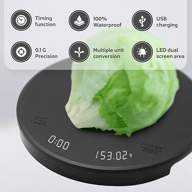Food Scale with Timer, USB Type-C, Waterproof - Multifunction Digital LED Kitchen Scale - Coffee Scale with High Accuracy for Cooking and Baking (Black)