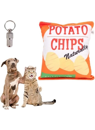 PETSARY Plush Naturally Potato Chip Dog Squeaky Toy With 1 pcs Free ID TAG - Soft Bite Resistant Chips Snack Shaped Dog Chew - Interactive Plush Snack Toy - Funny Squeaker Stuffed Toy - Orange