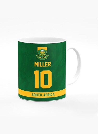 Designer Printed Coffee Mug with Heavy Duty Handle 11oz Ceramic Personalised Gift Mugs Cup - Cricket Player - David Miller, Jersey Number - 10 (With Logo)