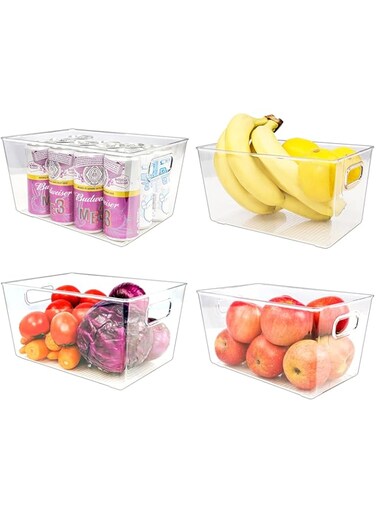 Puricon Set of 4 Refrigerator Organizer Bins, Clear Plastic Kitchen Organizer Food Storage Containers with Handles for Fridge Pantry Freeze Cabinets Countertops
