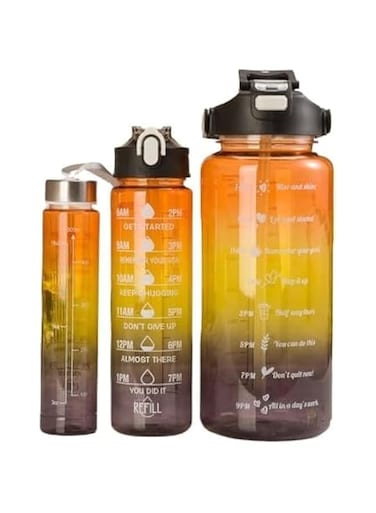 M X M Sports Water Bottles Set of 3, Motivational Plastic Bottle with Time Capacity for School Office Home Gym Fitness Cycling 2L, 700ml, 500ml (Black Pack)&hellip;