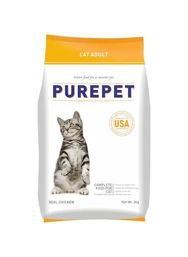 Purepet Adult Dry Cat Food, Real Chicken, 3 Kg   Complete &amp; Balanced Nutrition, Taurine For Healthy Heart, Controls Urinary pH, Healthy Skin &amp; Coat
