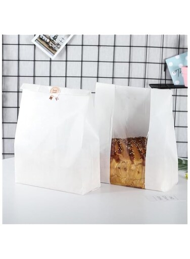 50-Pack Large Kraft Bread Bags with Clear Front Window, White Bakery Coffee Cookie Snack Bags with 50 Label Seal Stickers