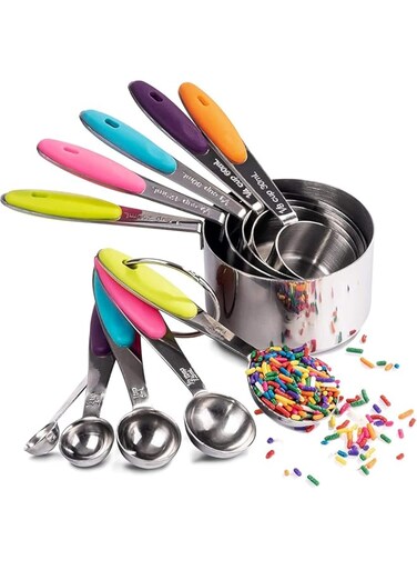 Tazweeq Measuring Cups &amp; Measuring Spoons,Stainless Steel with Soft Silicone Handles and Clearly Scale, Stackable Metal Kitchen Tools and Gadgets for Dry and Liquid Ingredients for Baking