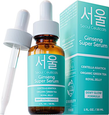 SeoulCeuticals Korean Skin Care Ginseng Serum - K Beauty Skincare with Green Tea + Centella + Royal Jelly - Cruelty Free &amp; Organic for Dewy Glow 1oz