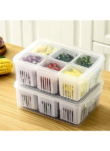 Fridge Organizer With Lid and 6 Compartments,Food Storage Containers,Fruit Vegetable Storage Containers,BPA-Free Plastic Fresh Keeper Set For Salad Lettuce 6 Compartments in Each Box (2 SET)