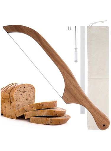 Bread Knife for Homemade Bread,Wooden Bread Bow Knife,suitable for sour bread and homemade bread-Bow shaped design-16 Wooden Serrated Bread SlicerKnife-Premium Stainless Steel