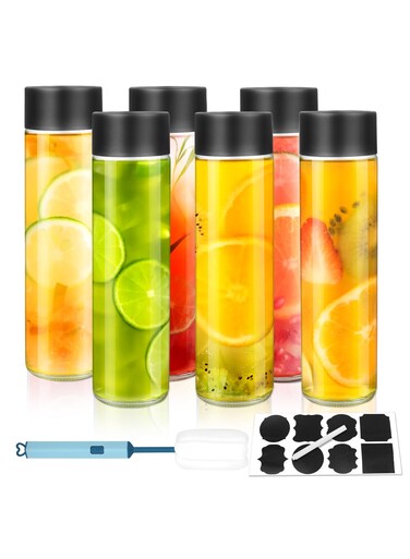 6Pack 16oz Glass Juice Bottles with Black Lids &acirc;&euro;&ldquo; 500ml Reusable Drink Bottles for Water, Smoothies, Beverages &acirc;&euro;&ldquo; Includes Cleaning Brush &amp; Labels