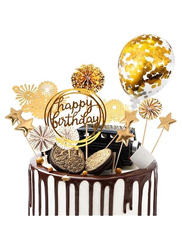 SYOSI Cake Decorations 13Pcs Cake Toppers Kit Cupcake Topper with Golden Paper Fans Happy Birthday Acrylic Banner Sequins Balloon Fireworks Stars for Gold Theme Birthday Party Anniversary Cake Decor