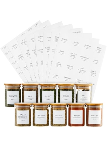 Premify 110 Spice Jar Labels   72 Preprinted White Labels, 20 Empty Labels &amp; 18 Date Labels   Water Resistant Spice Stickers Labels. Kitchen Seasoning, Herb &amp; Spice Rack Organization