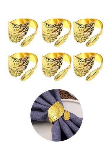 6 Pcs 3D Leaf Shape Carve Vintage Napkin Rings Set, Metal Colorproof Electroplating Gold Paper Towel Ring Holder, Metallic Napkin Towel Adornment for Party Table (Golden)
