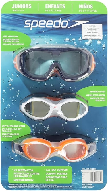 Speedo Juniors Swimming Goggles Ages 6-14 Pack Of 3 With SW1 Wide View Lens, SW3 Mirrored Lens, SW0 Easy Adjustable Straps Lens - Multicolor