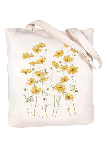 TERRIFI Canvas Tote Bag Aesthetic for Women, Cute Reusable Tote Bags with Metal Zipper, Flower Pattern Big Canvas Tote Bags for Girls, Shopping, School, Students, Library (13.8 * 15.7 inch)