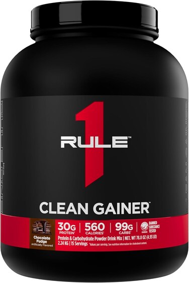 Rule1 1 Clean Gainer, High Protein Lean Gainer, 3:1 Carbohydrate To Protein Formula, Chocolate Fudge, 15 Servings, 2.24Kg