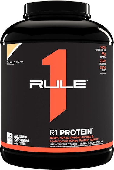 Rule1 1 Whey Protein Powder, Cookies &amp; Cream 100% Whey Protein Isolate &amp; Whey Protein Hydrolysate Formula, 25G Protein 76 Servings 5.03 Lbs (2.20 Kg)