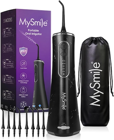 MySmile LP211 Cordless Advanced Water Flosser for Teeth 5 Cleaning Modes Rechargeable Power Dental Flosser 8 Replacement Jet Tips IPX 7 Waterproof Dental Irrigador with Travel Storage Pouch (Black)