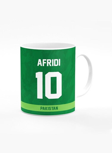 Designer Printed Coffee Mug with Heavy Duty Handle 11oz Ceramic Personalised Gift Mugs Cup [Microwave Safe &amp; Dishwasher Proof ] - Cricket Player - AFRIDI, Jersey Number - 10