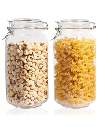 2 Pack Glass Food Storage Jars with Airtight Clip Lids, Two Sizes (34 oz and 74.5 oz), for Flour, Cereal, Coffee, Pasta, Fruit and Canned Goods, Spice Storage Square Jars. (Large)