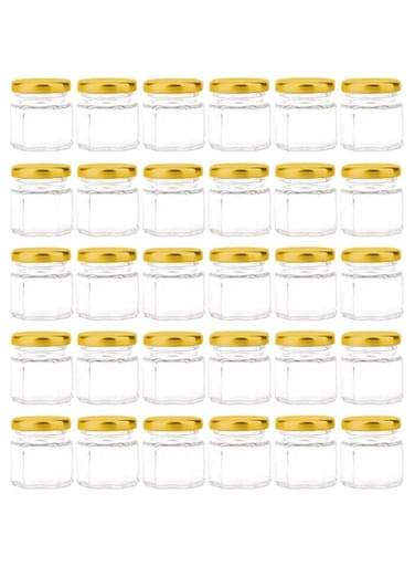 Tebery 30 Pack 1.5oz Mini Hexagon Glass Jars, Honey Jars Small Spice Jars with Gold Lids and Labels, Jam Spices Jars for Gifts, Wedding Party Favors, DIY, 45 ML