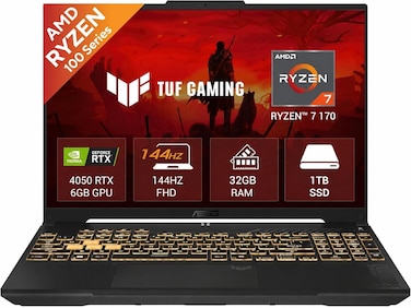 ASUS TUF Gaming A16 (2026) FA607NUQ-RL Gaming Laptop AMD Ryzen 7 170 Processor 32GB DDR5 RAM 1TB SSD 16" WUXGA 144Hz Display NVIDIA RTX 4050 6GB GDDR6 RGB Backlit Keyboard Window 11 Mecha Gray
