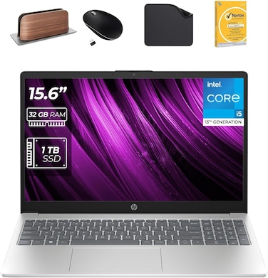 HP 15.6 Inch Laptop - 13th Gen Core i5-1334U, 32GB RAM, 1TB SSD, Win 11 Pro, FHD Display, Webcam, Wi-Fi (Includes 1st Wave Laptop Stand + Mouse + Antivirus + Mouse Pad) 15-fd0499nia