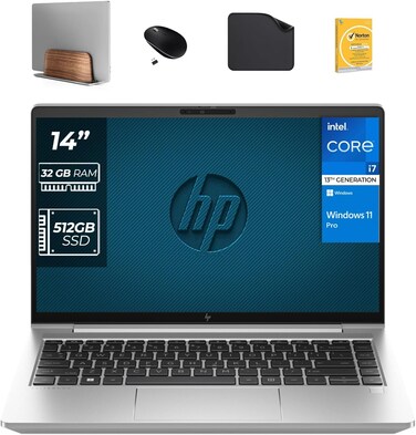 HP ELITEBOOK 640 G10 13th Gen Core i7-1335U, 14" Display, 32GB RAM, 512GB SSD, Win11 Pro, 720p FHD camera(Includes Vertical Laptop Stand + Wireless Mouse + Antivirus + Mouse Pad)