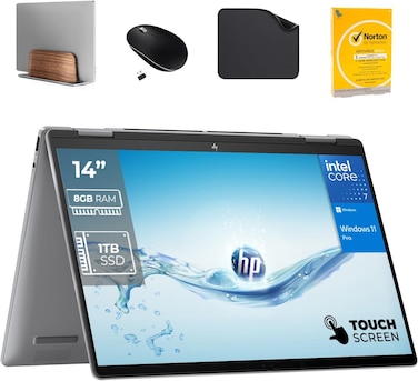 HP Envy x360 2in1 Laptop, 14" Touch Display, Intel core 5-120U, 8GB RAM, 1TB SSD, W11 Pro, FHD (1920x1080) WebCam (Includes 1st Wave Laptop Stand + Mouse + Antivirus + Mouse Pad)
