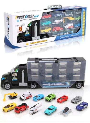 Rezzoss Big Transport Carrier Truck Toy Set With 12 Mini Cars &amp; Helicopter - Portable Toy Car Storage Container With Helipad &amp; Slide, 2-In-1 Rescue Vehicle Playset, Best Birthday, Eid &amp; Ramadan Gift