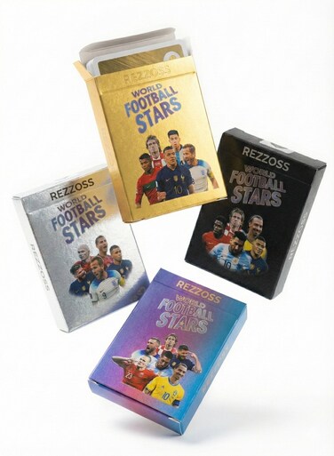 Rezzoss World Football Stars Trading Cards 4-Pack Bundle (220 Pcs) - Gold, Silver, Black &amp; Color Box Set, Lionel Messi, Ronaldo &amp; Mbappe Soccer Player Collectible Cards, Waterproof PVC Strategy Game