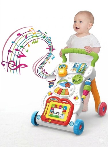 Rezzoss 2-In-1 Baby Sit-to-Stand Learning Music Walker Trolley - Multifunctional Push &amp; Pull Learning Toy With Magnetic Drawing Board &amp; Piano, Activity Center For Toddlers, Best Birthday &amp; Eid Gift